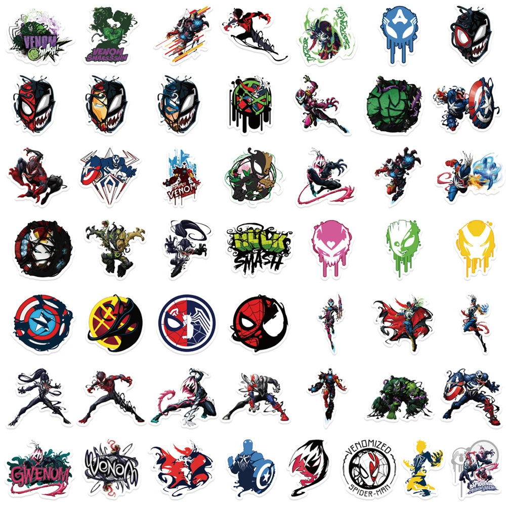 50pcs Disney Avengers Venom Stickers Anime DIY Phone Car Bike Skateboard PVC Cartoon Decals Waterproof Sticker for Kid Toy