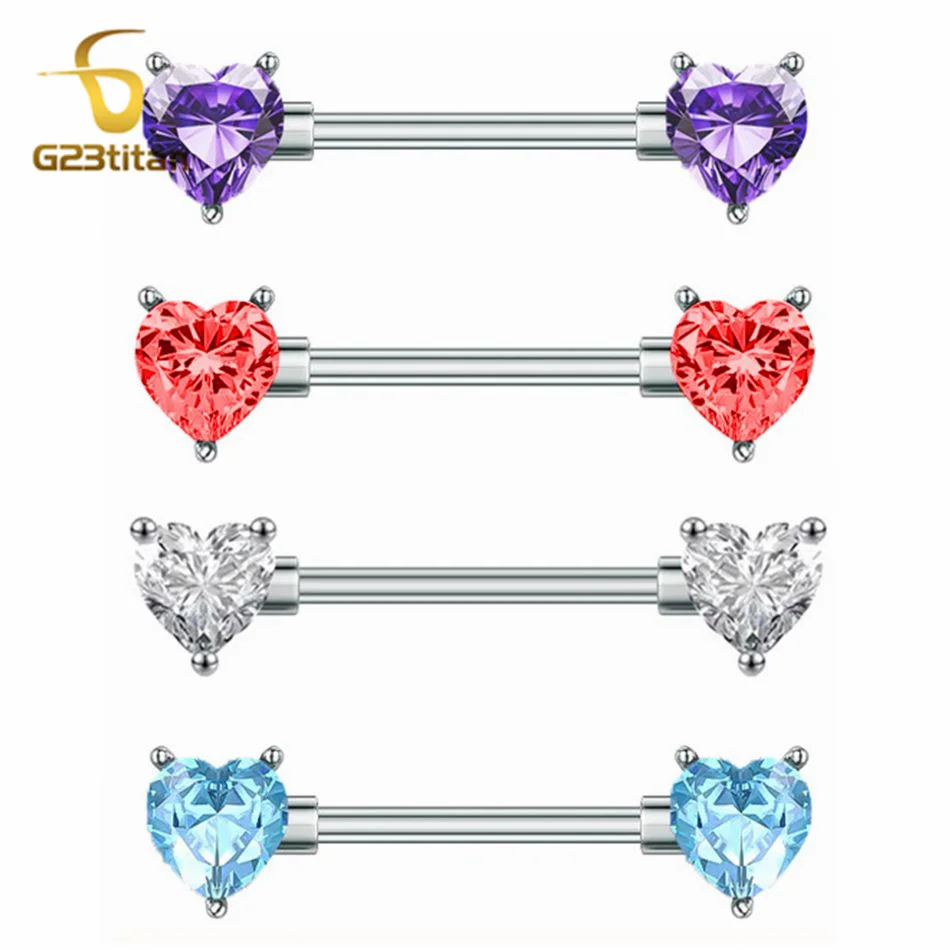 G23titan 2pcs Double Heart Zircon Nipple Rings 14G Titanium Or Steel Barbell Women Nipple Piercing Summer Jewelry Sexy Accessory