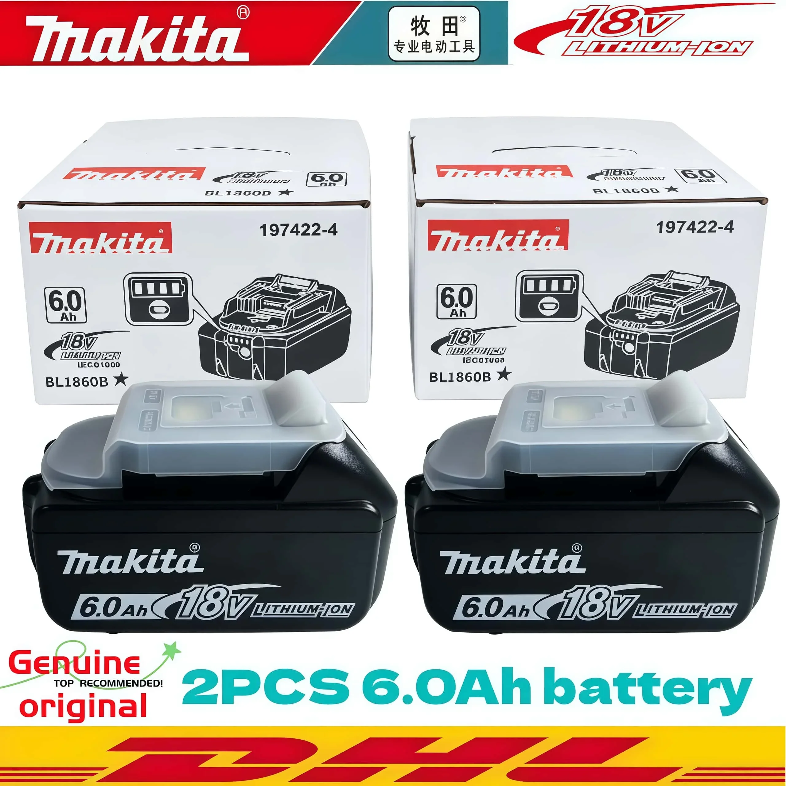 100% Genuine 🔋 Makita 18V 6.0Ah Battery, Original Makita 18V Tool Battery BL1860B BL1850B DDF487 DTW285 Electric Tool Battery
