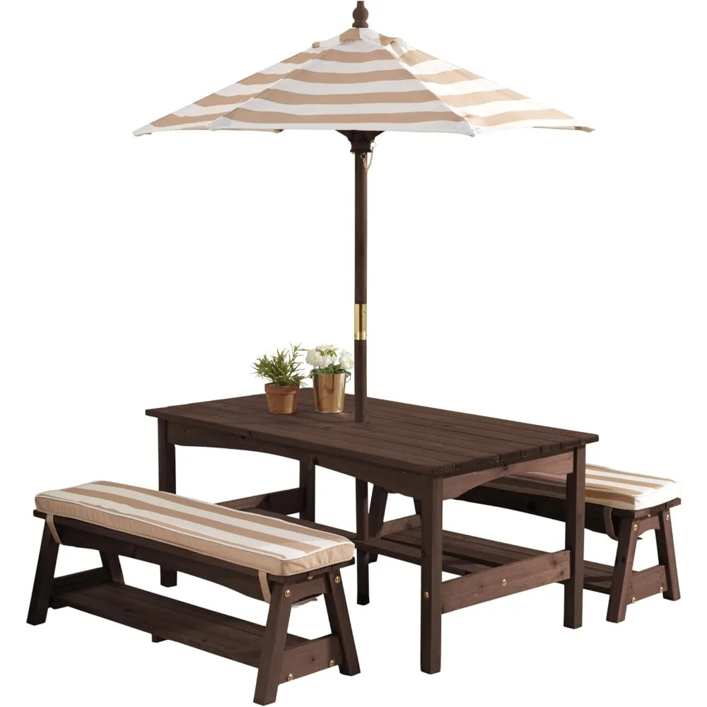 

Outdoor Wooden Table & Bench Set with Cushions and Umbrella, Kids Backyard Furniture, Espresso with Oatmeal and White Stripe Fa