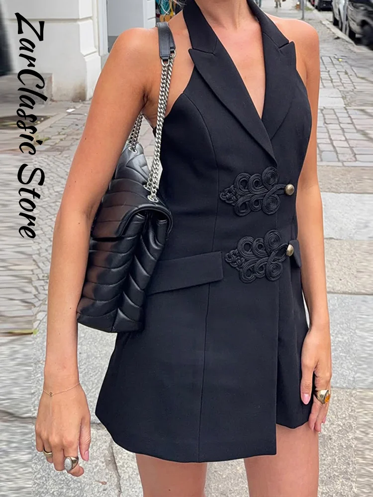 Elegant Black Women's Jumpsuit Summer Lapel Sleeveless Frog Button Slim Jumpsuits New Casual Chic Street Clothes 2026