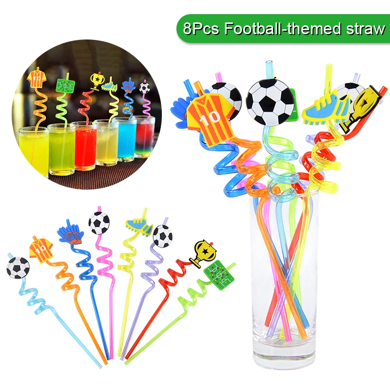 8 Stück wiederverwendbare gebogene Trinkhalme aus Kunststoff mit Fußballmotiv für Jungen, Fußball-Geburtstagsparty-Dekorationen, Geschenk, Getränke, Cocktails, Strohhalm