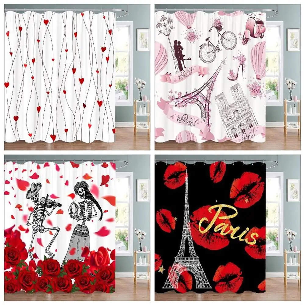 Valentine's Day Shower Curtain Love Red Lips Paris Tower Romantic Rose Polyester Fabric Shower Curtain Bathroom Decoration