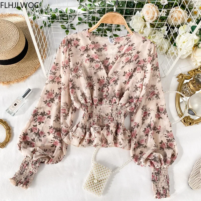 2022 Autumn Cute Tops Women Long Sleeve Korean Japanese V Neck Slim Waist Ruffled Peplum Floral Chiffon Shirts Blouse 120