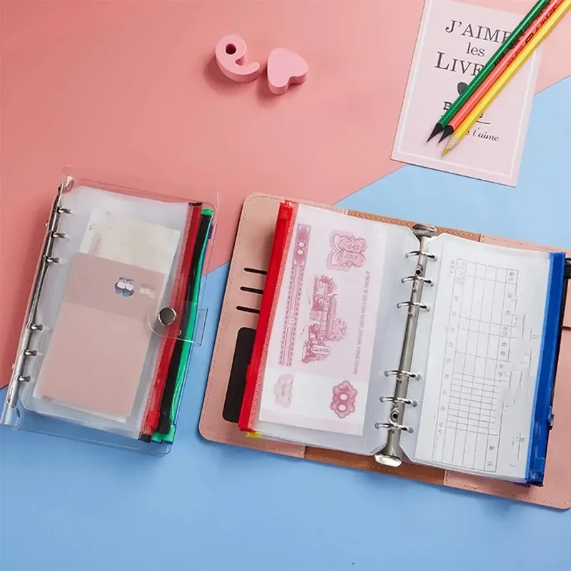 Zipper Binder Pockets Waterproof For Binder Notebook Planner PVC Cash Budget Envelopes Loose Leaf Bag 6-Hole for A6