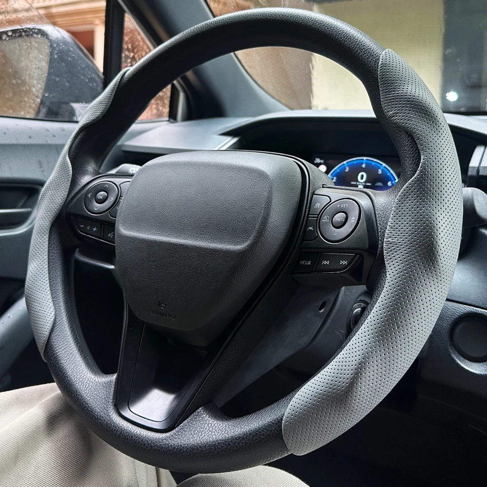 2 Stück Perforierte Leder-Lenkradbezüge, Atmungsaktiv, Rutschfest, Schweißabsorbierend, Universell für Autos, Auto-Zubehör – Detail 9