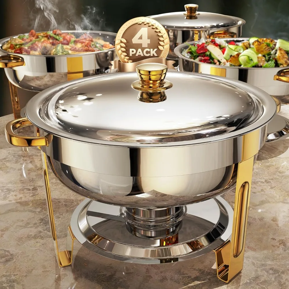 Chafing Dishes for Buffet 4 Pack, 5QT Worry-Free Assemble Round Chafing Dish Buffet Set  Elegant Gold and Silver Colors