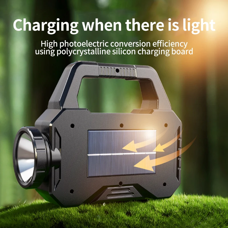 Portable Solar Lanterns Solar Powered Charging Bank Searchlight Outdoor Strong Light Flashlight Hand Lamp with COB Side Light