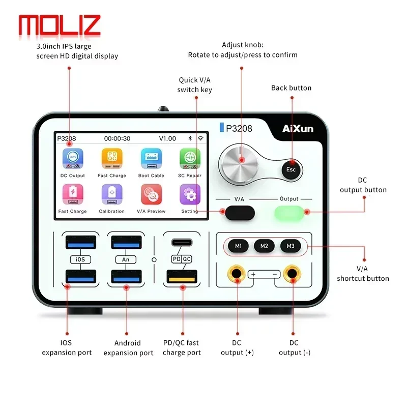 Aixun P3208 320W Regulated Convenient Power Supply One-button Booting Test Phone Motherboard for IPhone 6-14 Pro Max Repair Tool