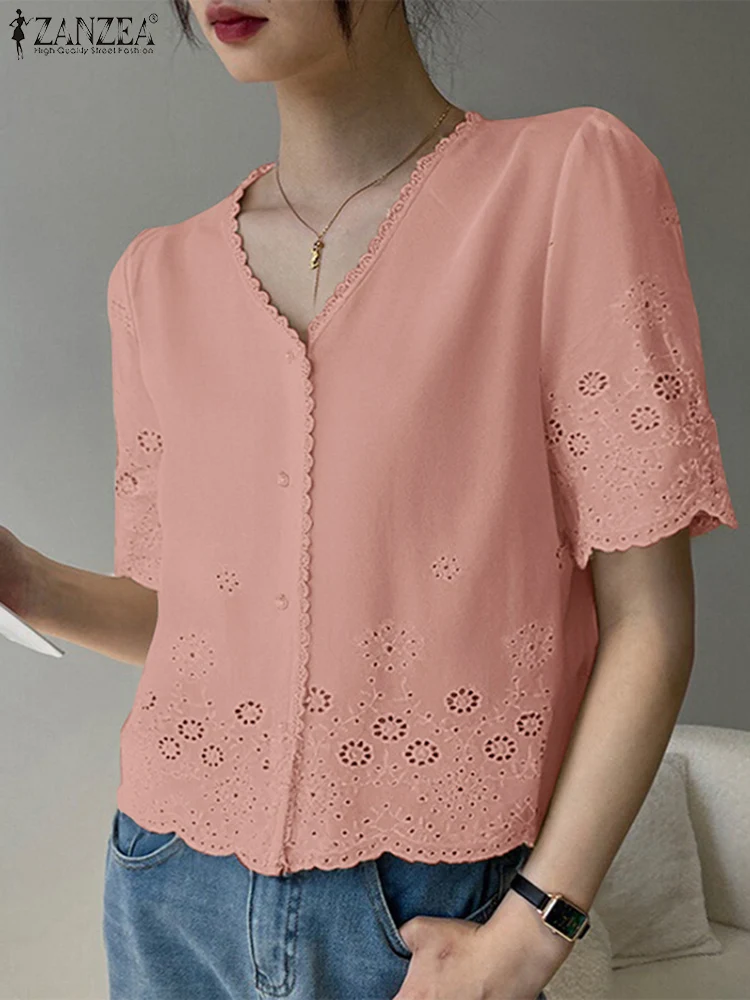 

Plus Size 5XL ZANZEA Women Cotton Embroidery Tops Shirts Summer V-Neck Short Sleeve Tunic Lace Blouse Buttons Casual Blusas