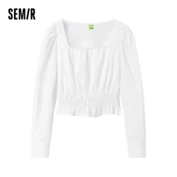 Semir Long-sleeved Shirt Women Short Puff Sleeve Square Collar 2023 New Spring Texture Shirt