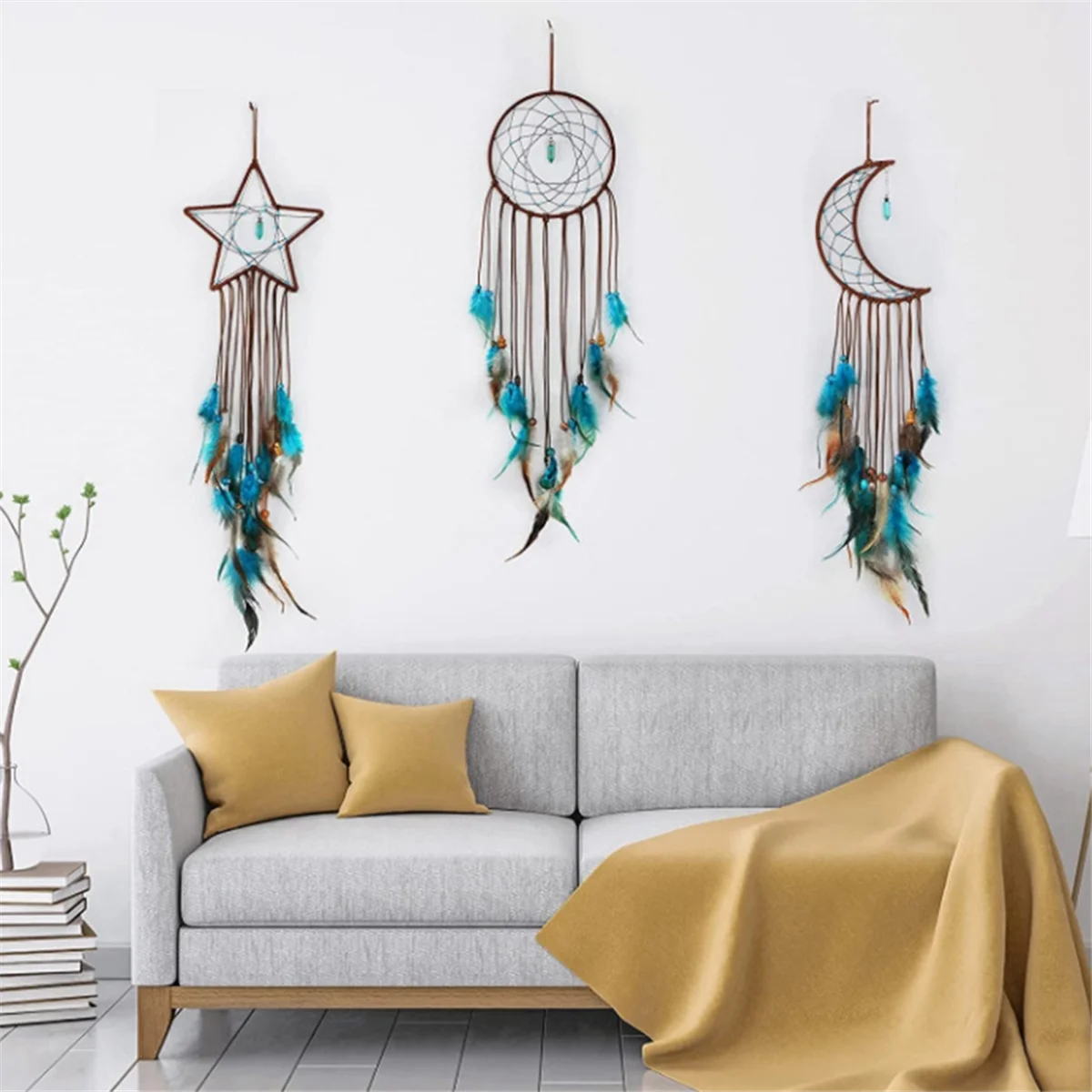 3 Pieces Dream Catcher with Light Moon Star Design Handmade Feather Lucky Turquoise Pendant Beads Wall Hanging Ornament