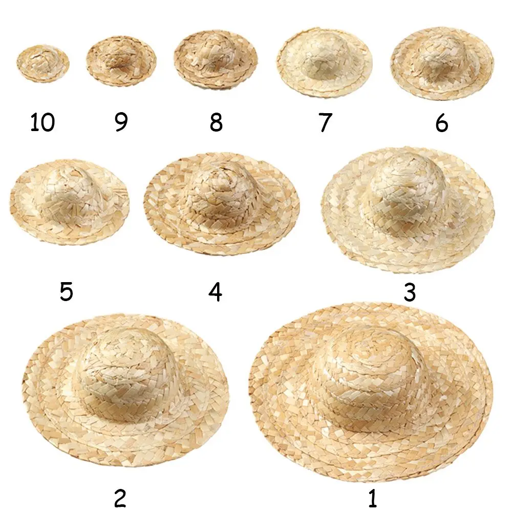 짠 밀짚모자 미니 인형 모자, 해변 모자, 여름 놀이 드레싱 선물, 수제 뜨개질 장식, 어린이 장난감
