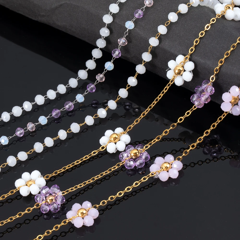 

1meter Daisy Flower Beaded Chains Stainless Steel Crystal Bead Chain Necklace Bracelet Chain Crafts Jewelry Making DIY Supplies