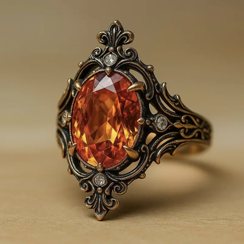

2026 New Exaggerated Retro Ladies Ring, Champagne Orange Zircon Holiday Gift Jewelry