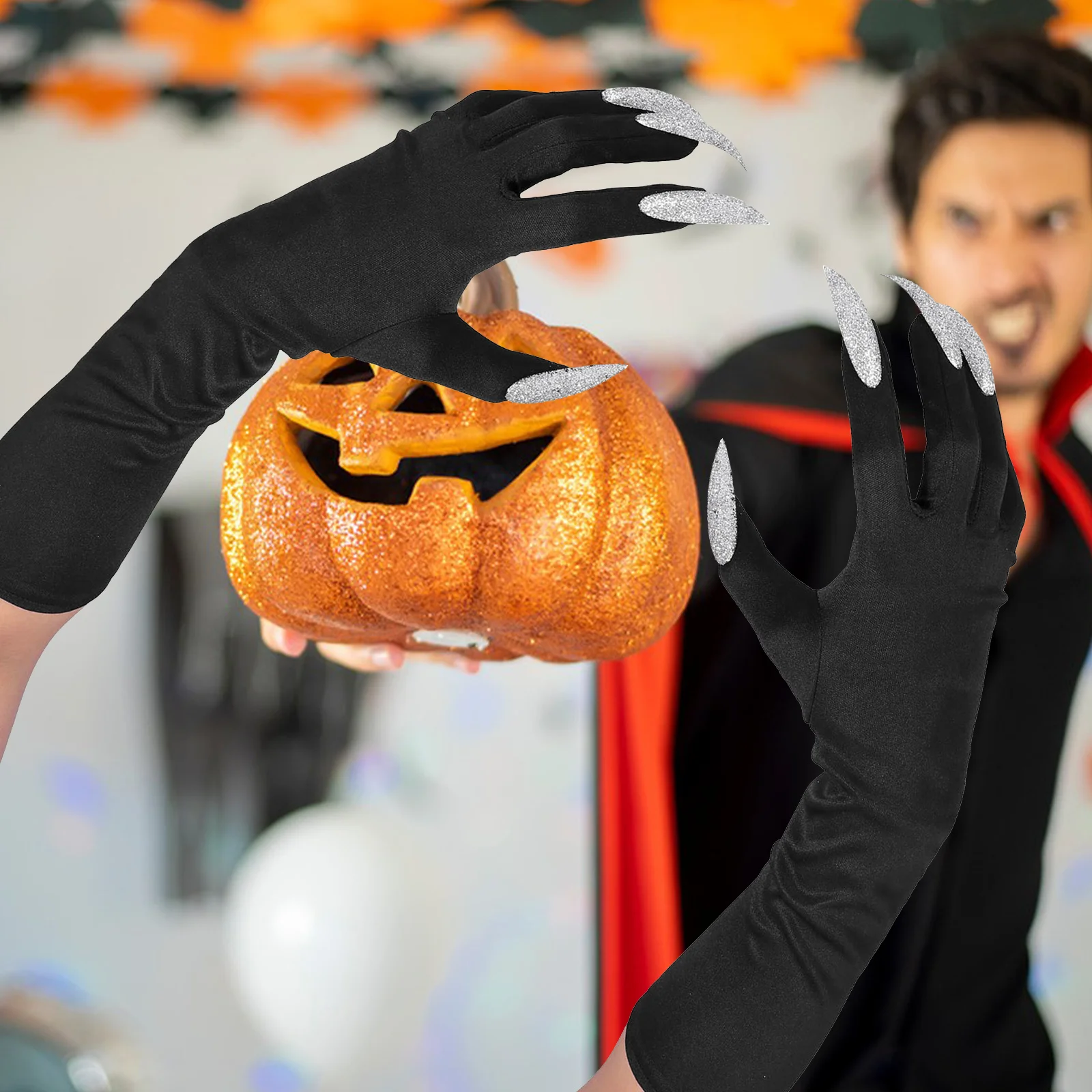 1 Pasang Sarung Tangan Hitam Panjang Premium Elastis Sarung Tangan Penuh Jari Aksesoris Kostum Untuk Pesta Halloween Sarung Tangan Menyeramkan