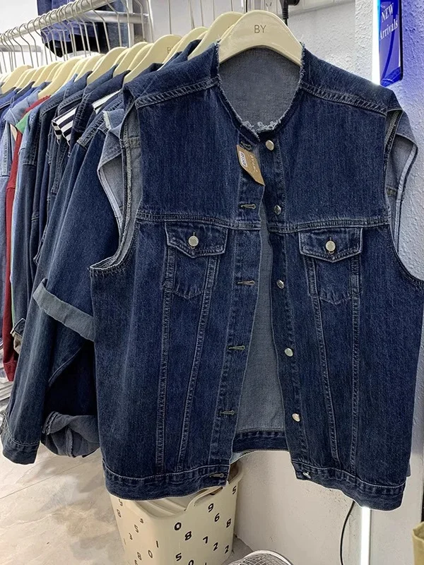 

Retro Padded oulder Denim Vest Loose Slimming Versatile Women's Jaet Autumn 2025 New Sle round Ne Single Button Closure