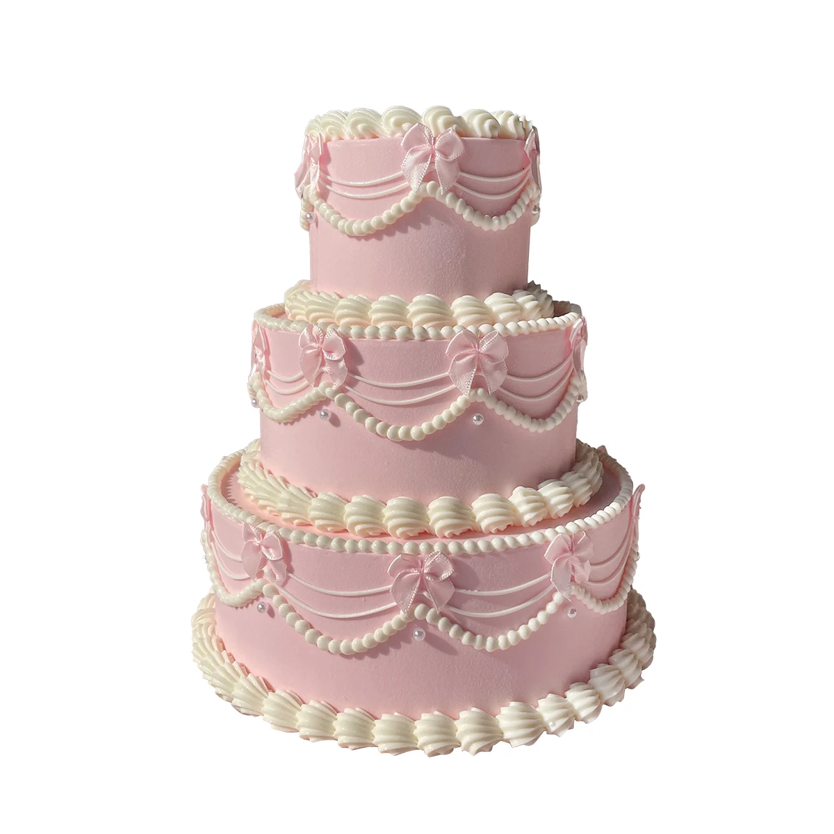 3-stöckiger rosa Kunstkuchen, 26 cm hoch, Vintage-Design mit Perlen und Schleifen, künstlicher Kuchen für Hochzeiten, Geburtstagsfeiern, Foto-Requisiten, Heimdekoration – Detail 6