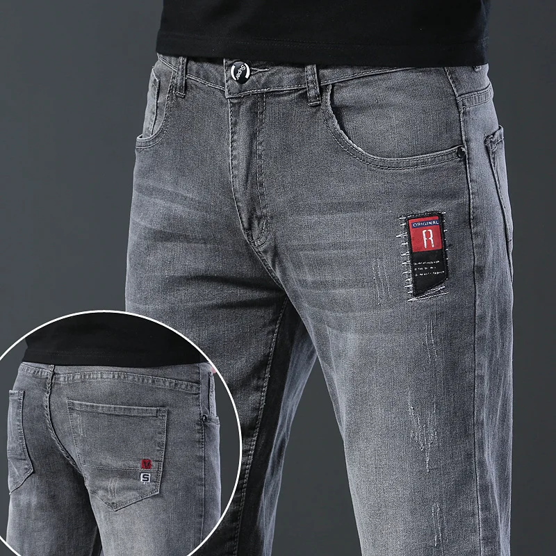 Jeans elasticizzati Slim grigi da uomo di marca Casual Classic Cotton Trend pantaloni in Denim elasticizzati a matita per giovani pantaloni Skinny