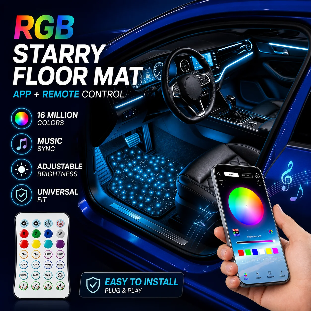 Car Fiber Optic Twinkle Star Floor Mats Waterproof LED Light Rugs RGB APP Remote Control Interior Ambient Lighting Decor