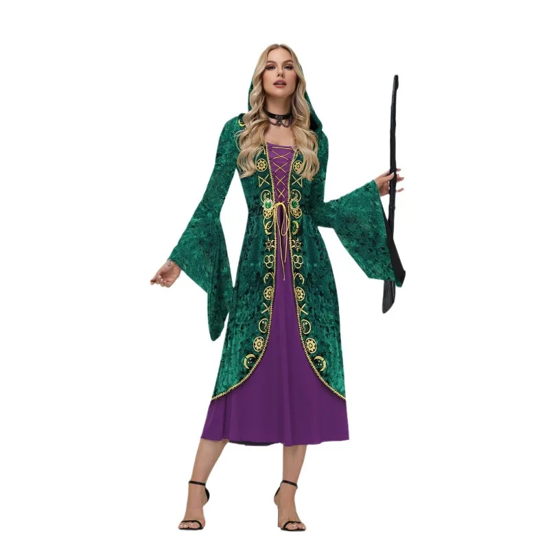 Feminino Hocus Pocus 2 Vestidos Cosplay, Capa Encapuzada, Manga Longa, Fato de Bruxa, Vestido de Festa, Winifred Sanderson