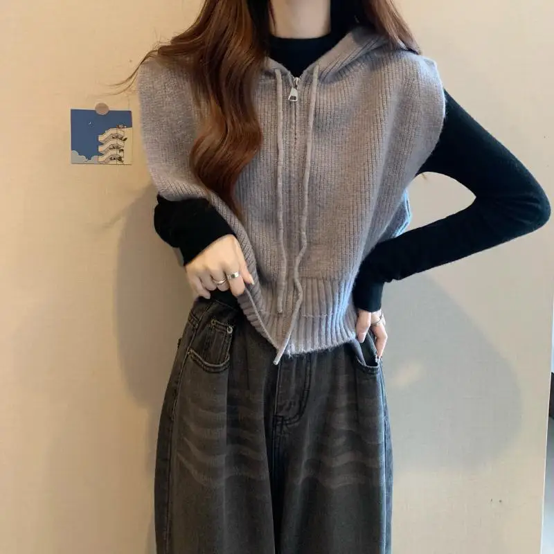 Hdspq Lazy Style Hooded Knitted Vest Women Casual All-Match Gray Zip Up Sweater Tops Woman 2023 Fashion Simple Sleeveless Tanks