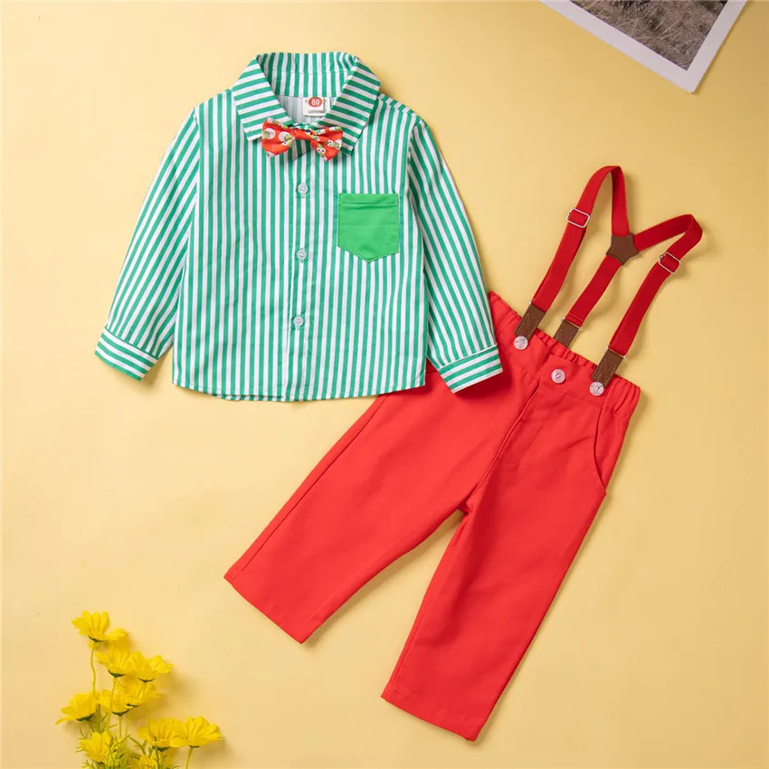 

Boys Christmas party clothing color matching gentleman suit striped shirt overalls baby boys outfit