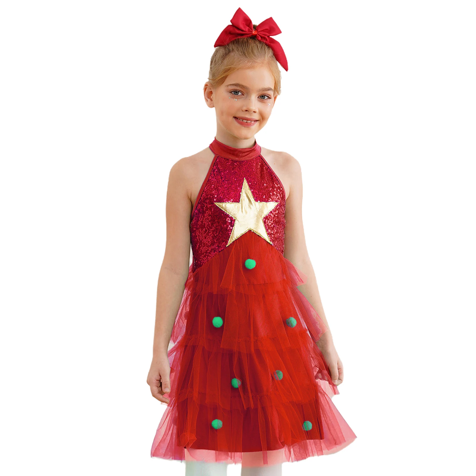 Kids Girls Christmas Costume Sleeveless Halter Tiered Sequin Mesh Patchwork Gold Star Pompoms Decorated Dress Christmas Costume