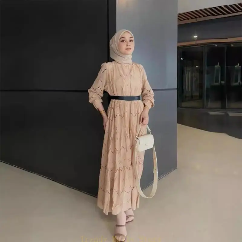 N5kb طويل الأكمام الكشكش فطيرة الإسلامية الإسلامية لباس مطرزة الدانتيل الإسلامي الفستان #3