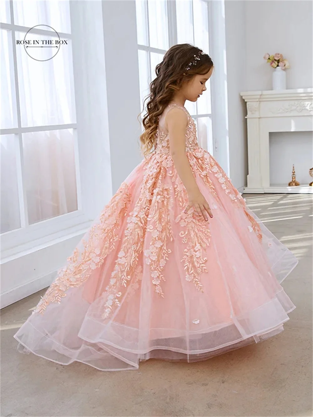 Vestido de baile de princesa rosa perla para niñas con apliques de encaje, maxivestido de tul largo de lujo para niñas, vestido de dama de honor para niños, cumpleaños