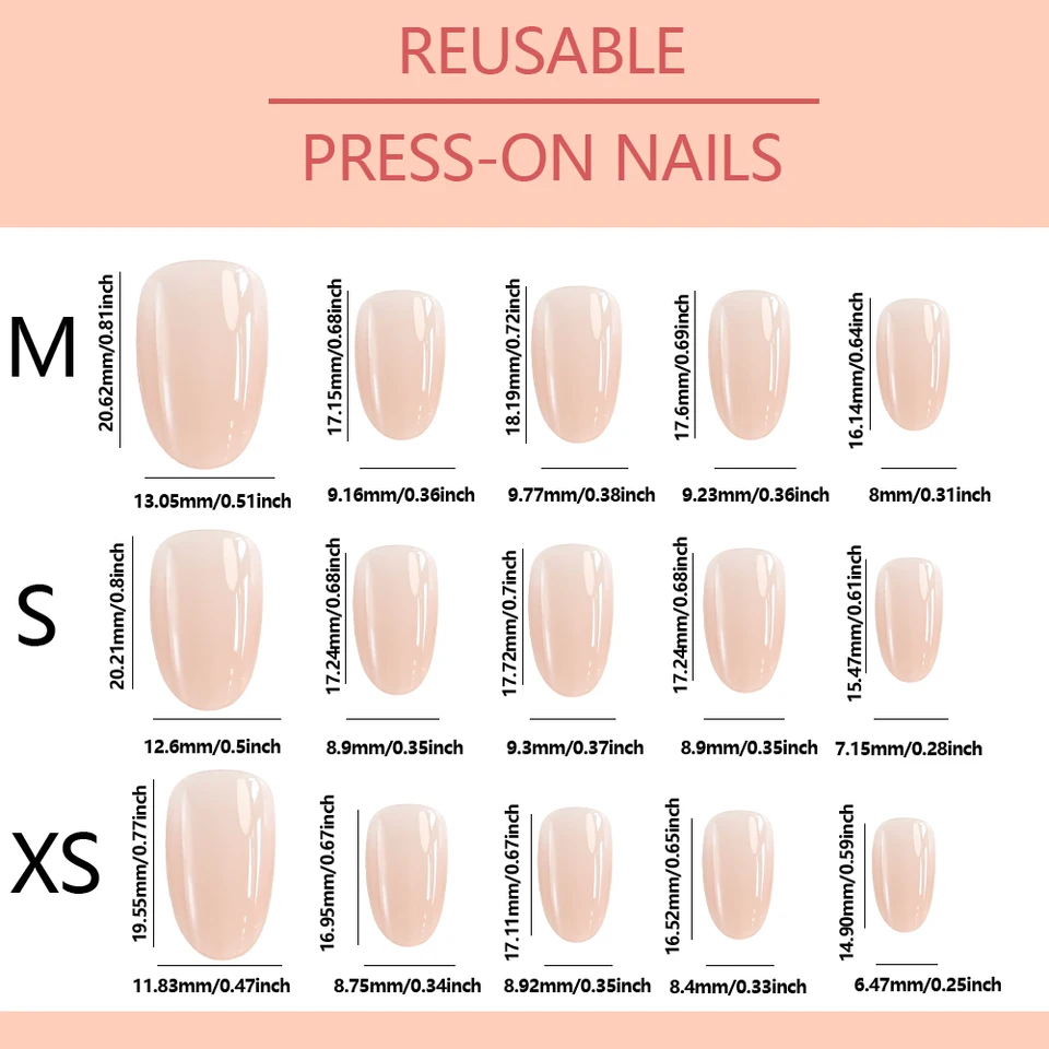 150 uñas postizas almendra cortas con degradado, brillantes, nude, tallas XS/S/M, cubierta completa, puntas DIY 5