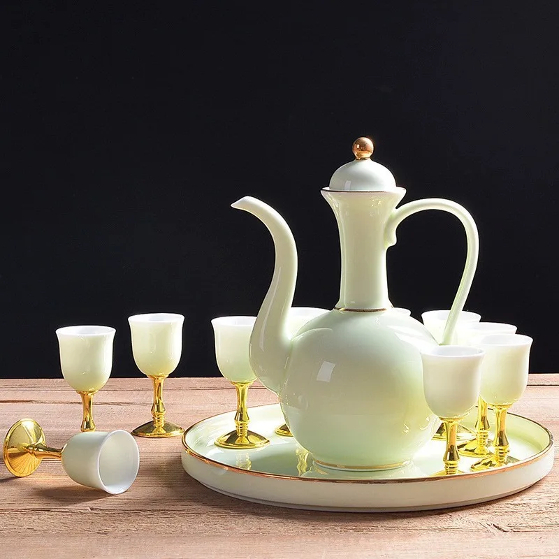 Suet jade ceramic wine set imitation ancient wine dispenser small wine cup