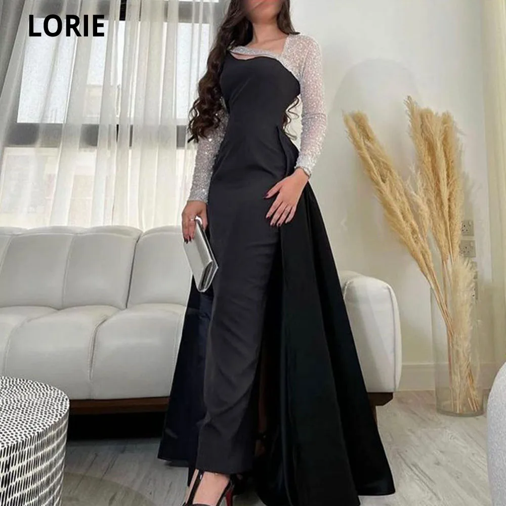 

LORIE New Black Satin Mermaid Evening Dresses Long Glitter Sleeves Women Formal Party Prom Dress Saudi Arabia Robes De Soirée