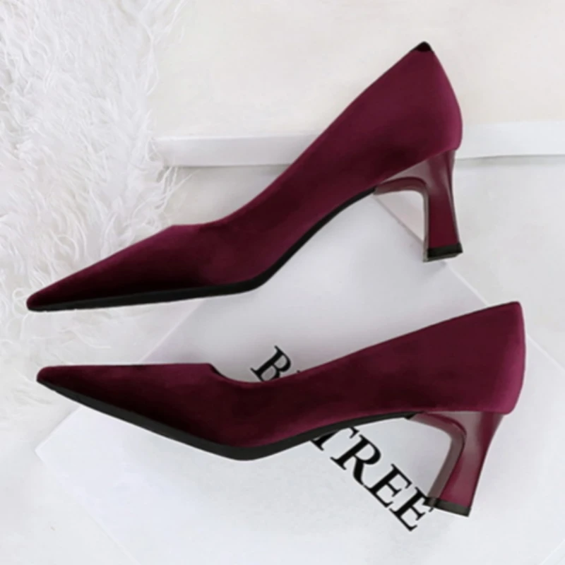 BIGTREE Women 6cm High Heels Pumps Lady Satin Silk Fashion Block Low Heels Wedding Bridal Escarpin Catwalk Green Red Prom Shoes