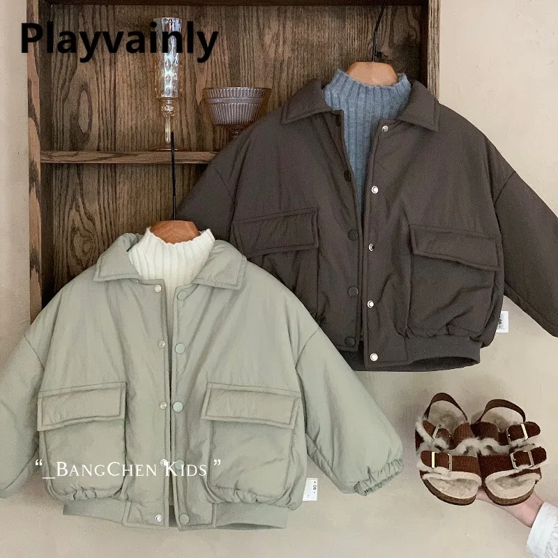 

2025 New Winter Boys Padded Coat with Big Pockets Pistachio Green Coffee Thickened Warm Outerwear Kids Quilted Jacket G0551