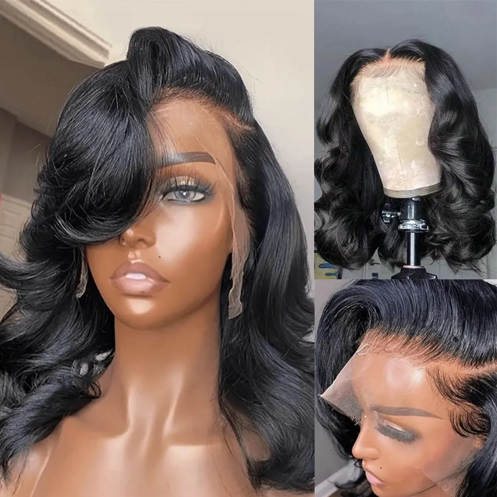 13X4 Body Wave Transparant Kant Kant Voorkant Pruiken Menselijk Haar 200% Dichtheid Bob Pruiken Menselijk Haar Pre Geplukt Korte Bob Natuurlijke Kleur