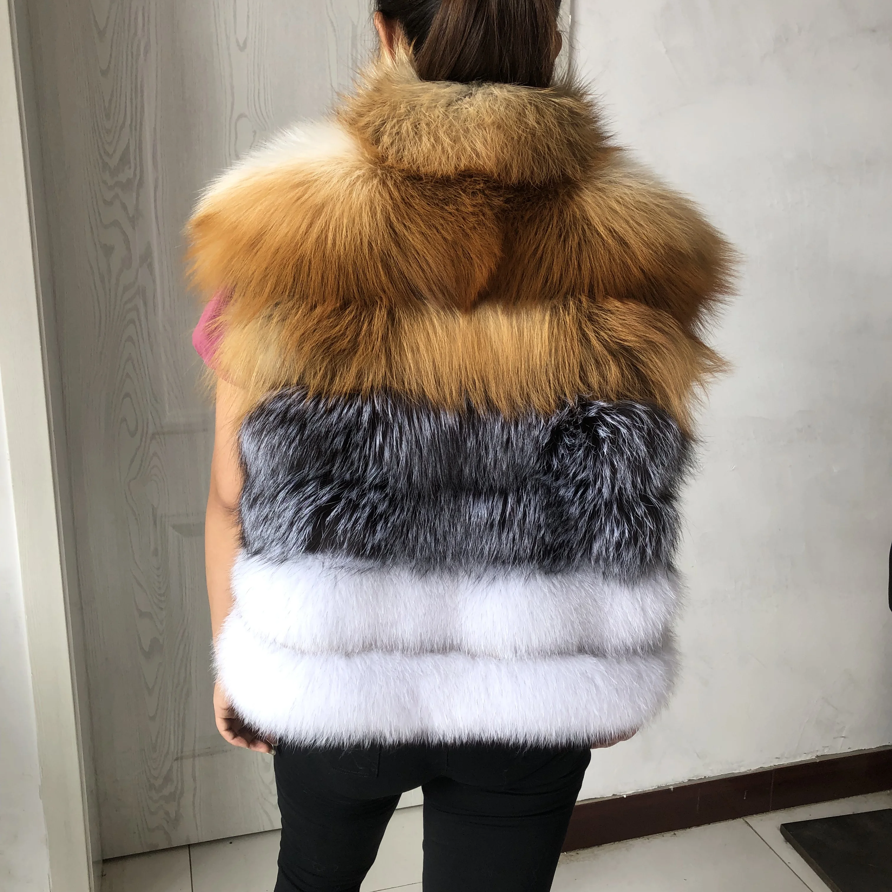 Women\'s Spring Autumn Long Natural Fur Vest Plus Stand Collar Real Fox Fur and Silver Fox Red Fox Fur Mix Long Fashion Tank Top