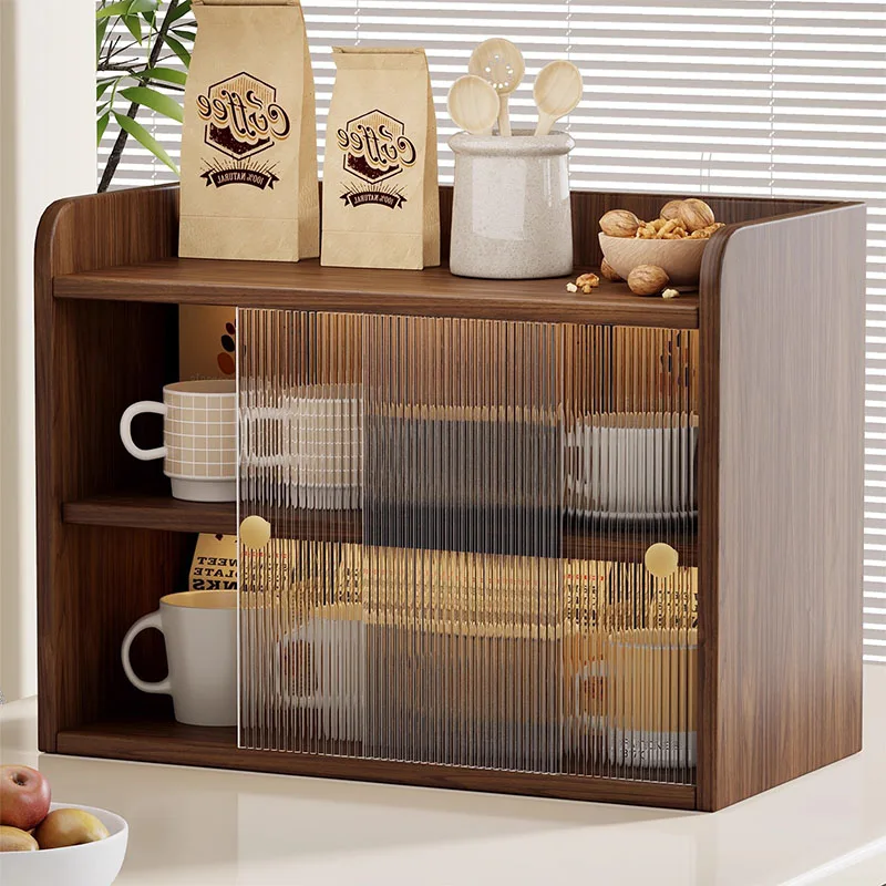 Wooden Countertop Storage Cabinet Acrylic Dustproof Cup Holder Tabletop Coffee Cup Storage Cabinet For Kitchen Pantry Sideboard