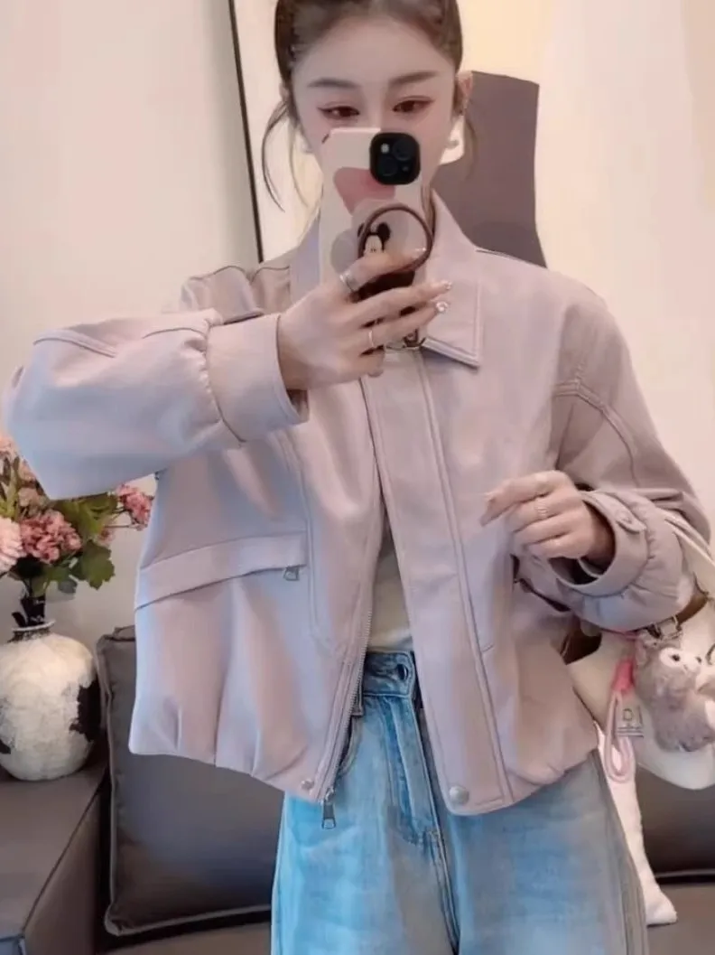 

Korean Style Short Leather Jacket Women's Spring 2026 Loose Fit Collar Design Versatile Casual Top Slimming Effect