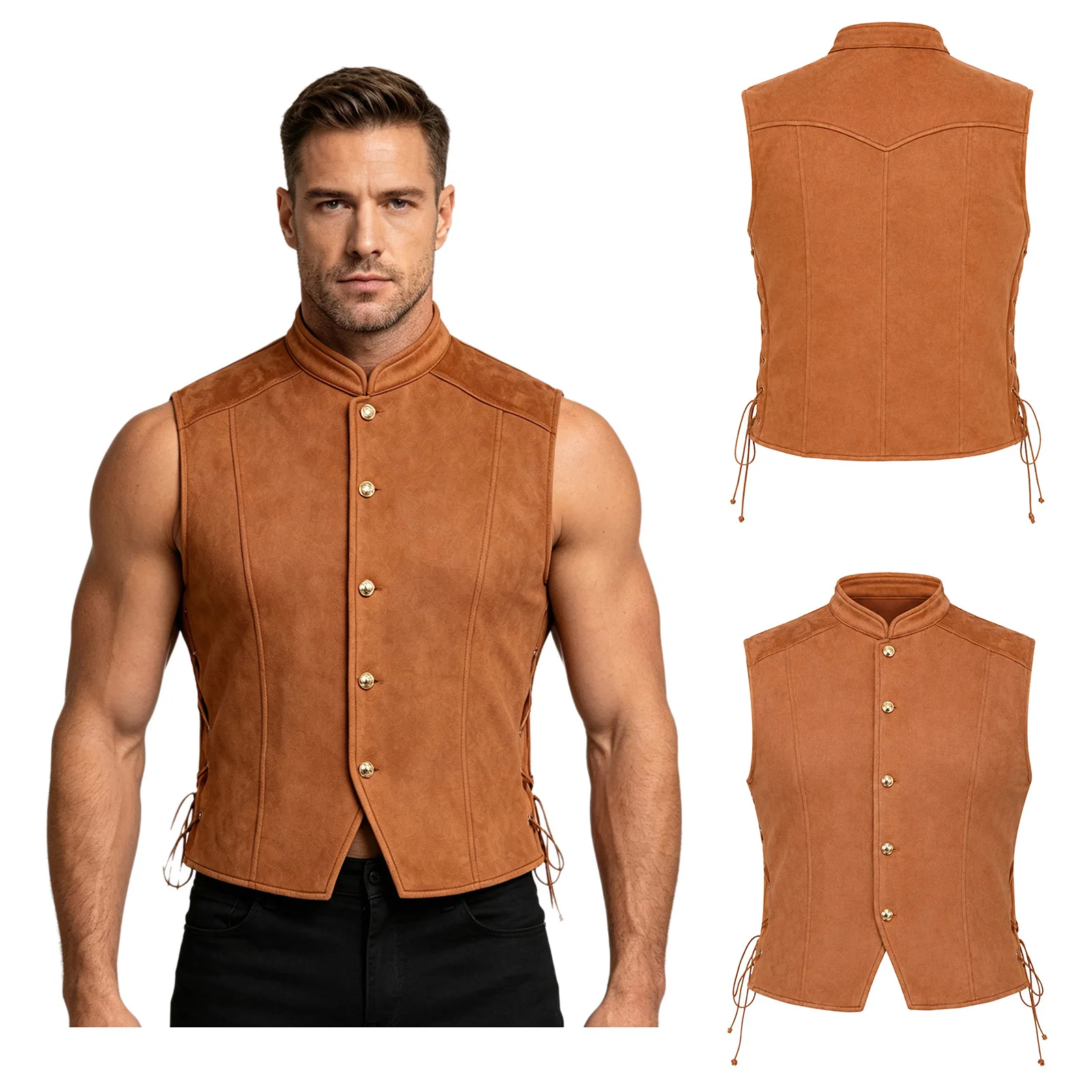 Mens Pirate Costume Stand Collar Sleeveless Buttons Closure Sides Lace-up Renaissance Waistcoat Vest Tops for Halloween Cosplay