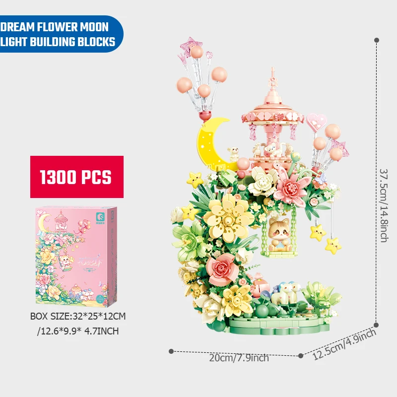 SEMBO 1300pcs Fantasy Flower Moon Model Assembly Building Blocks Light Home Decoration Girls Toys Romantic Valentine's Day gifts