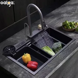 Stainless Steel Black Raindance Waterfall Kitchen Sink Large Single Bowl Wash Basin Sink Undercounter Topmount Faucet Drain