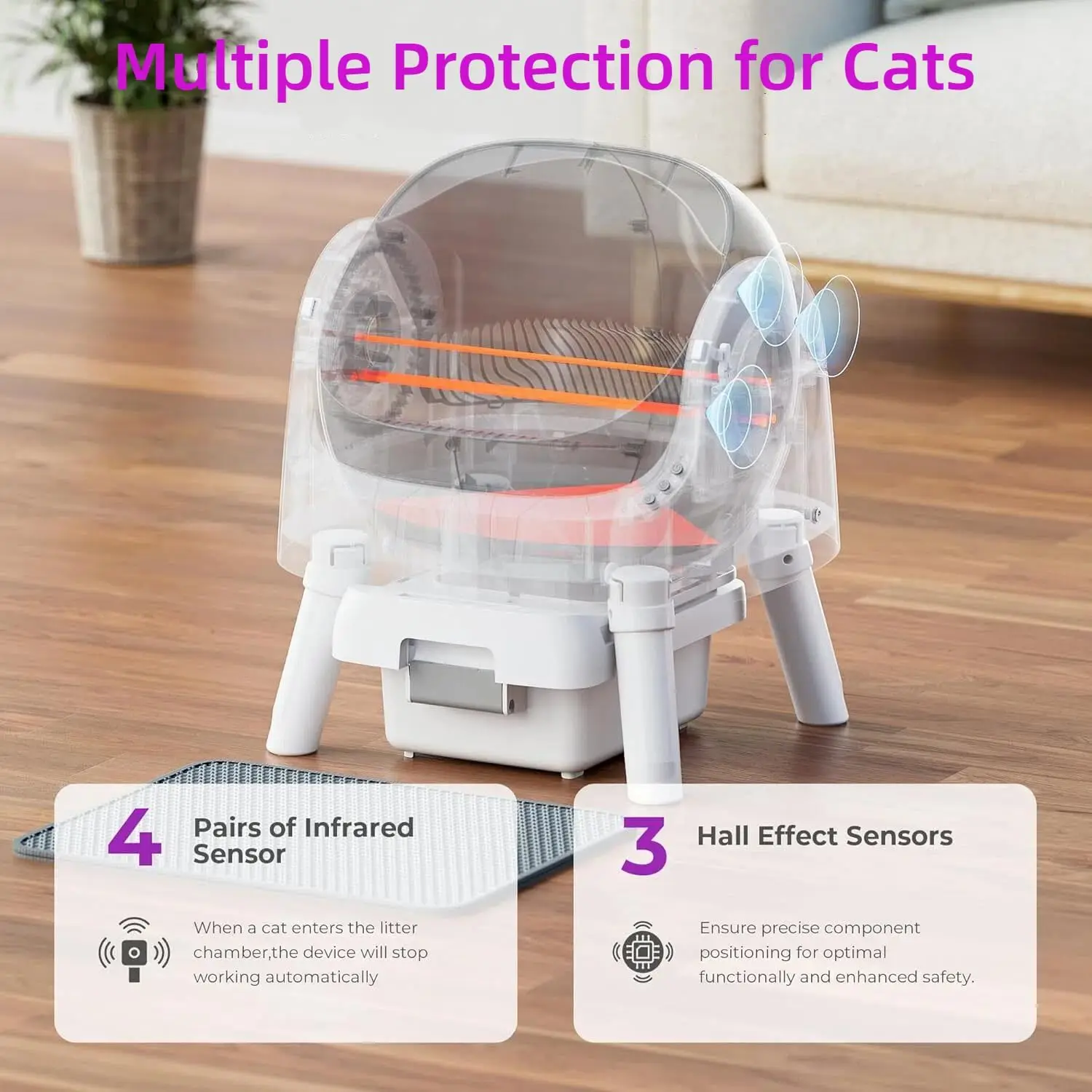 Automatic Litter Box for Cats, Open-Top Design with Safety Sensors, Includes Liners and Litter Mat, Suitable for Multi-Cat Homes