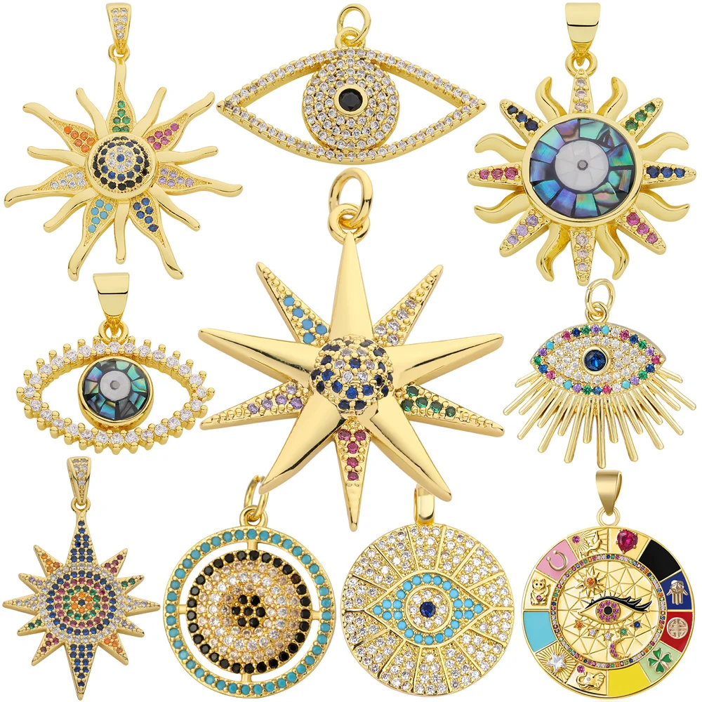 Juya 18K Real Gold Plated Handicraft Crative Cubic Zirconia Greek Evil Eye Charms For Women Men Fashion Pendant Jewelry Making