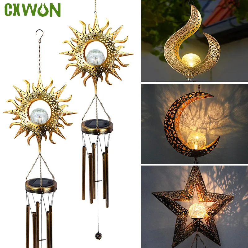 Sun Moon Solar Wind Chime Light Outdoor Cracked Glass Ball Waterproof Wind Chime Outdoor Clearance Dark Tone Garden Decoration