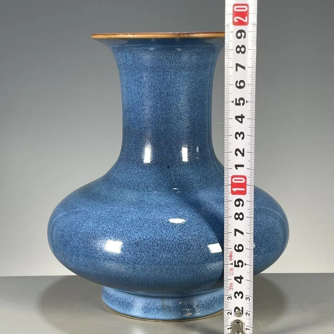 Chinese Wenwan Porcelain Flat Belly Vase, Flambe Blue Glaze, Marked Da Qing Qianlong Nian Zhi Antique Decor Vase