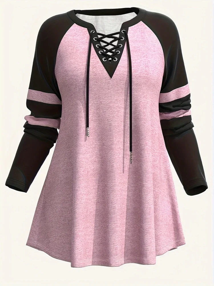 Women Long Sleeve T shirt Plus Size Casual Pink Colorblock Cross Lace-Up V Neck T shirt Casual Loose Splice Medium Stretch Tops