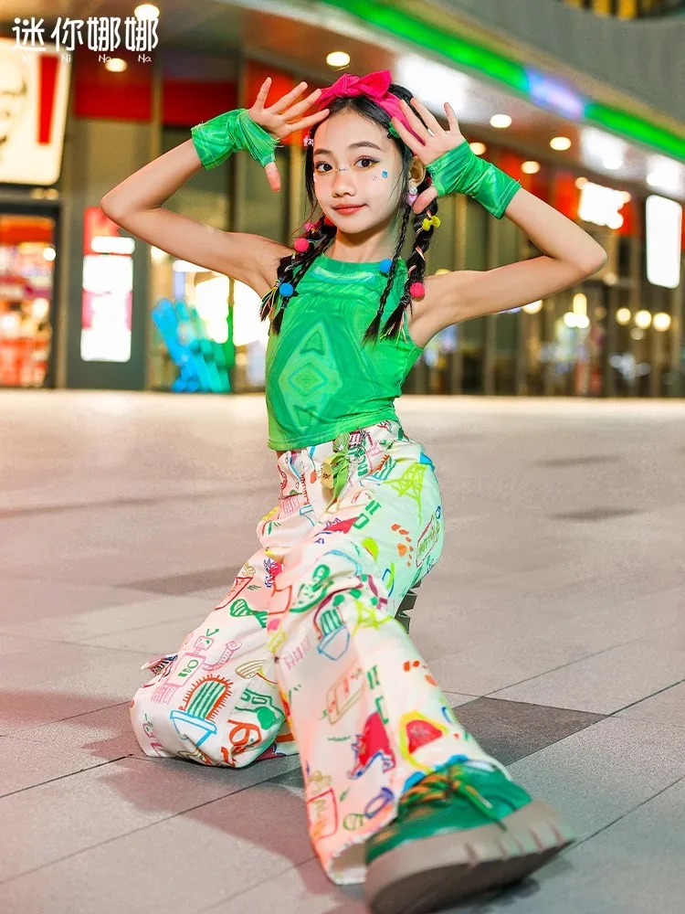 Girl's jazz dance costume green dopamine crop top suit fashion show explosive street dance costume
