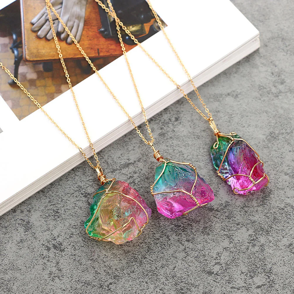 

Rainbow Natural Stone Pendant Necklace Fashion Crystal Necklace Gold Quartz Long Necklace for Women Gift
