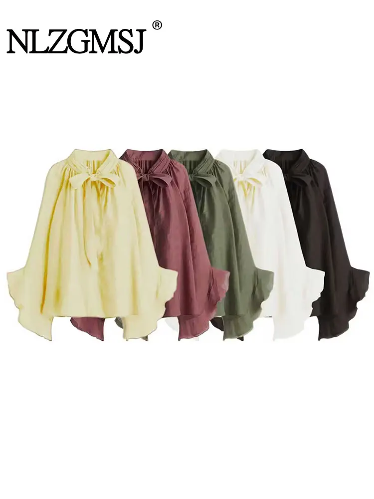 NLZGMSJ Bow DecorationLoose Long Sleeved Blouses For Women New Fashion Ruffle Edge Shirts and Blouses Woman Top